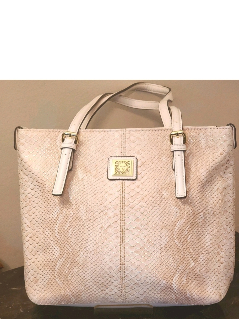 Anne Klein Cream Snake-Embossed Tote with Gold Hardware